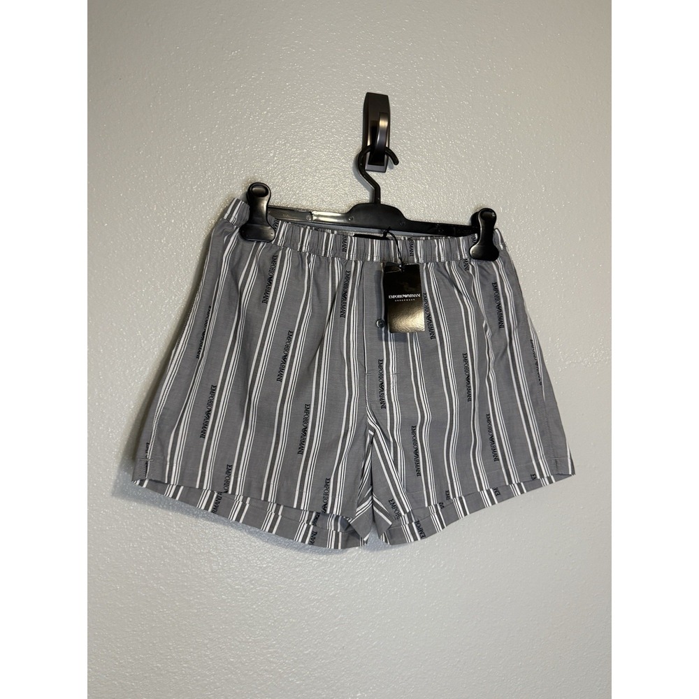 Emporio Armani Underwear Mens Woven Cotton Boxer Shorts Gray White Striped S NWT